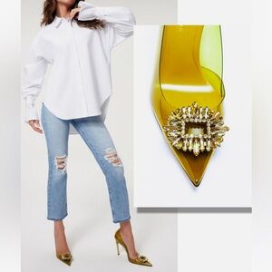 NIB GOOD AMERICAN Jeweled Toe CINDER-F*CKING-RELLA PUMPS Golden Olive  SZ 8.5